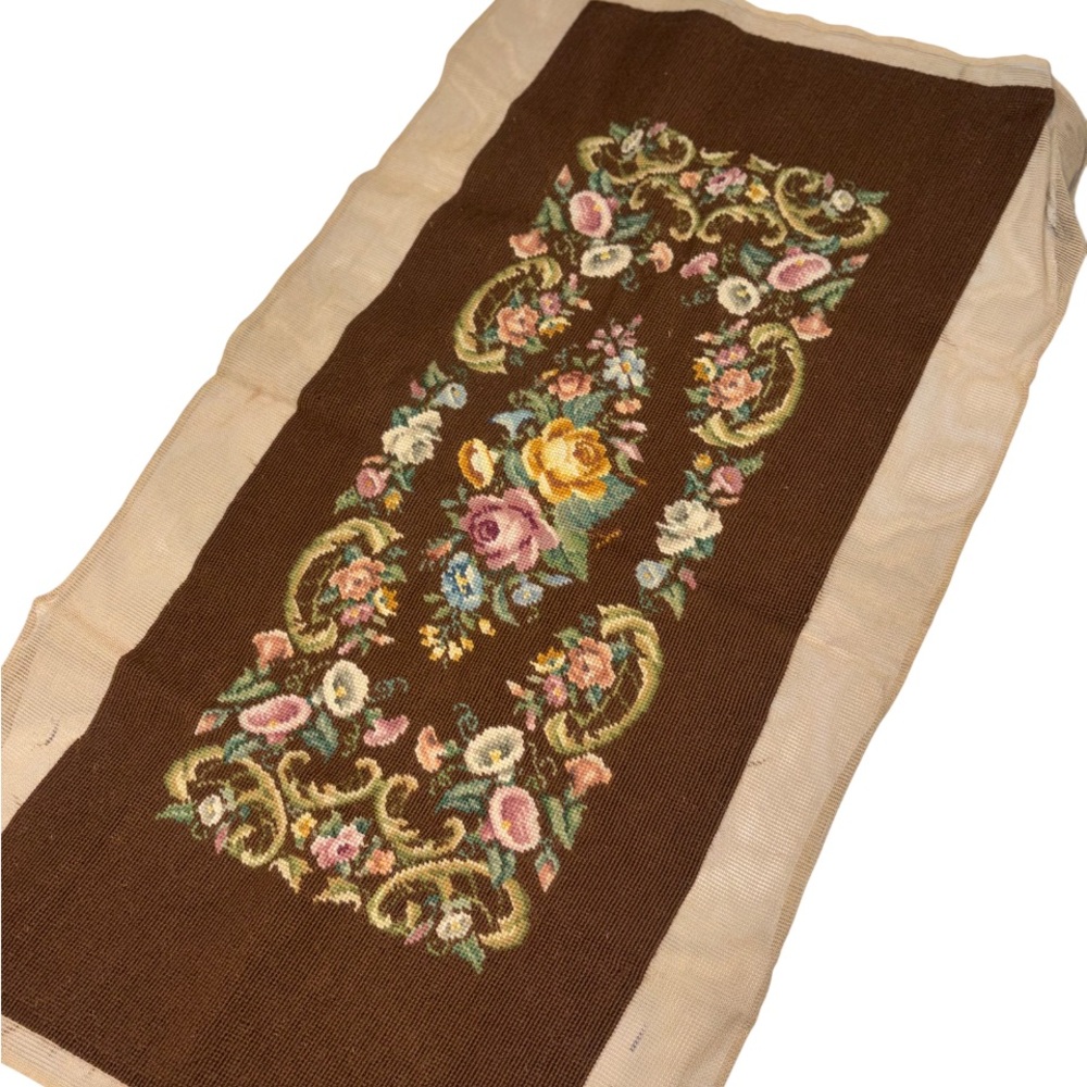 22” x 39” vintage handmade needlepoint tapestry floral bench panel upholstery - Picture 6 of 12